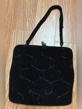 Vintage DeLill Black Beaded Evening Bag Clasp Hand Made Japan - VGUC